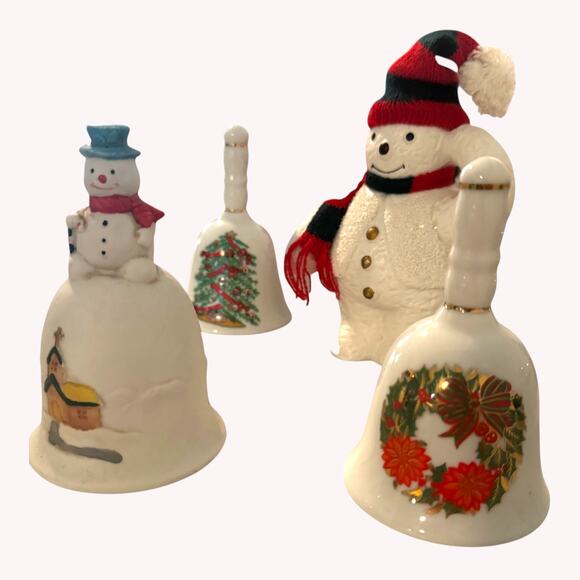 Christmas Snowman Handbells Porcelain Holiday Bells Winter Decor Lot 4 - Picture 9 of 10